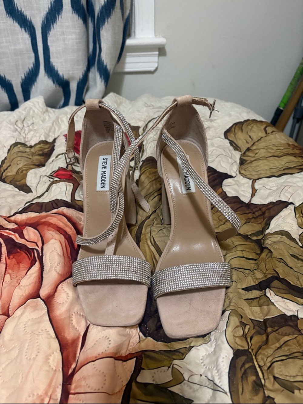 Steve Madden Nude Rhinestone Strap Block Heels